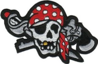 Pirate Skull   Skull with Bandana, Gun and Sword  Embroidered Iron On or Sew On Patch Clothing