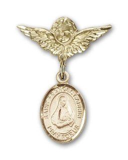 JewelsObsession's 14K Gold Baby Badge with St. Frances Cabrini Charm and Angel with Wings Badge Pin Jewels Obsession Jewelry