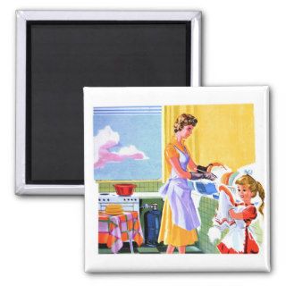 Retro Vintage Kitsch Kids Doing Dishes With Mom Refrigerator Magnet