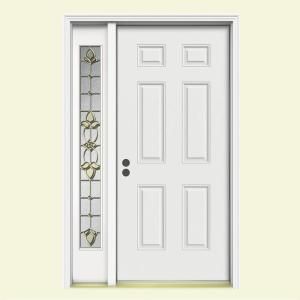 JELD WEN 6 Panel Primed White Steel Entry Door with 12 in. Ketchum Sidelites and Brickmold DISCONTINUED O85258
