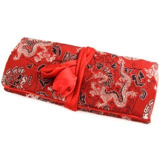 Silky Jewelry Roll / Cosmetic Roll Travel Pouch with Floral Dragon Embroidering   Red   Cosmetic Bags