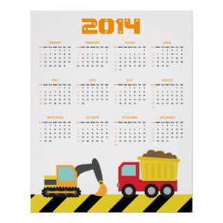 Cute Construction Vehicles 2014 Calendar Poster
