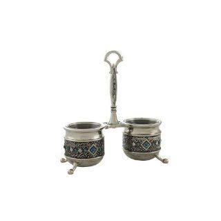 Metal Salt Shaker Set with Engraved Scrolling Lines and Blue Stones N/A Kitchen & Dining