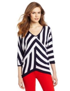 Design History Women's Stripe Asymmetrical V Neck Sweater, Inkspot Combo, X Small Pullover Sweaters