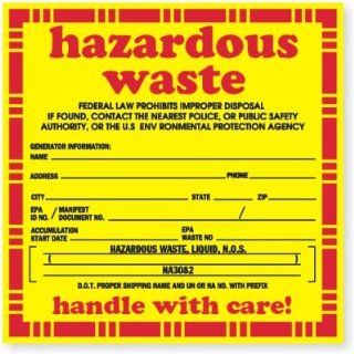 Hazardous Waste Handle with Care NA3082, White Vinyl Labels, 100 Labels / Pack, 6" x 6"  Blank Labeling Tags 