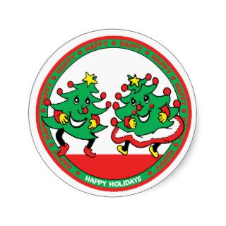 Happy Holidays Funny Dancing Christmas Trees Round Sticker