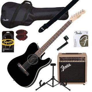 Fender Telecoustic Black A/E Guitar BUNDLE+ w/ Case & Acoustasonic Amp Musical Instruments