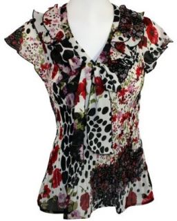 Cathaya, Geometric Floral Printed, Short Sleeve, Ruffled V Neck Collar, White, Purple, Red & Black Colored Polyester Contemporary Woman's Fashion Blouse (X Large)