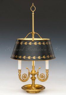 Antique Style French Traditional Empire Bouillotte Brass Table Lamp with Hand Painted Shade. 15" x 30".    