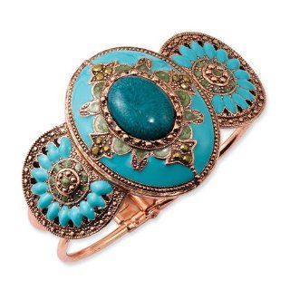 Copper Tone Teal & Green Glass Stones W/ Teal Enamel Bangle 1928 Jewelry Jewelry