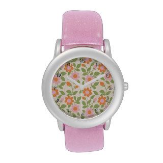 Vintage Pink Orange Floral Wallpaper Pattern Wrist Watches