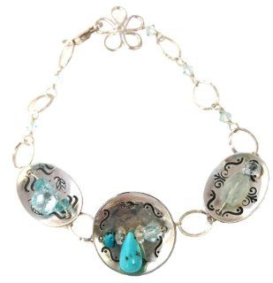 Bracelet, Hand Dapped & Stamped Sterling Silver, Turquoise Aquamarine Jewelry