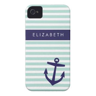 Mint & Navy Nautical Stripes Cute Anchor Monogram Case Mate iPhone 4 Case