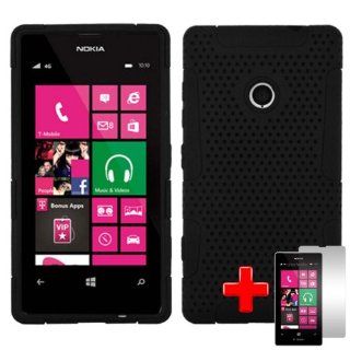 Nokia Lumia 521 (T Mobile) 2 Piece Silicon Soft Skin Perforated Hard Plastic Spot Case Cover, Black + LCD Clear Screen Saver Protector Cell Phones & Accessories
