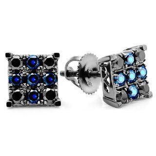 1.00 Carat (ctw) 10k White Gold Round Blue Sapphire & Black Diamond Men's Square Shaped Stud Earrings 1 CT Jewelry