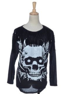 Anna Kaci S/M Fit Black White Skull Metal Band Influenced Fringe Shirt Dress