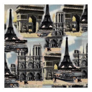 Vintage French Paris Travel Collage Eiffel Tower Poster