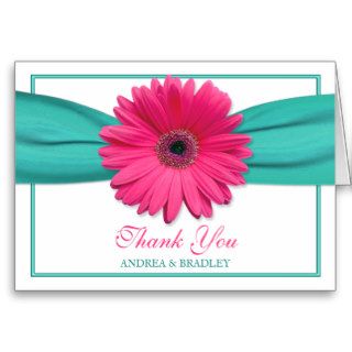 Pink Gerbera Daisy Turquoise Wedding Thank You 3 Cards