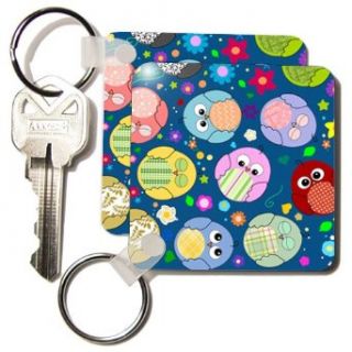 Cute Colorful Cartoon Owls   floral kawaii and girly pattern   multicolor owl birds on navy blue   Set Of 2 Key Chains Novelty Keychains Clothing