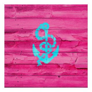 Nautical Teal Blue Anchor Girly Pink Fuchsia Wood Print
