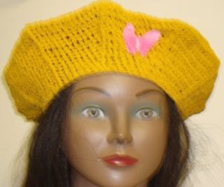 Hand Crocheted Gold Color Rayon Cotton Gimp Beret for Women and Teens Trimmed with One Fuchsia Color Rhinestone Velvet Butterfly