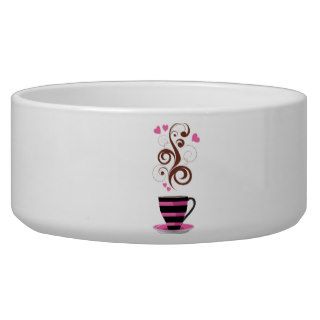 Coffee Cup Steam Swirls Hearts Pink Black Brown Pet Water Bowls