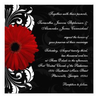 Red, Black and White Scroll Gerbera Daisy Square Custom Invite