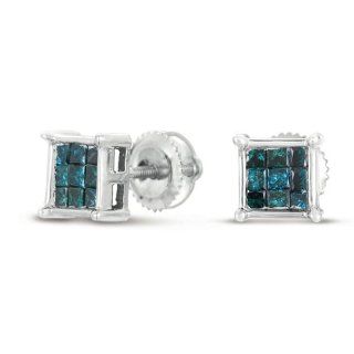 1/4Ct Princess Cut Blue Diamond Stud Earrings 10k White Gold Friction Backs (Clarity I I1) Jewelry