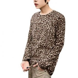 Men Leopard Prints Round Neck Long Sleeve Shirt Black Brown S at  Men�s Clothing store