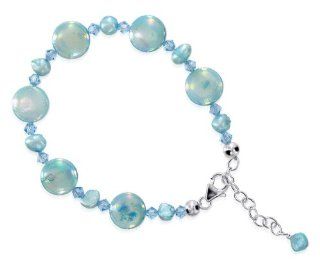 Sterling Silver 7" 8" Length Adjustable Bracelet Made with Swarovski Elements Mother of Pearl and Crystal Charm Bracelets Jewelry