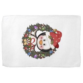 Christmas Penguin Holiday Wreath Kitchen Towel