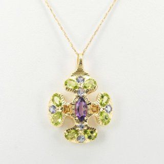 14K Yellow Gold Multicolored Gemstone Fancy Cross Charm Jewelry