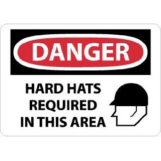 NMC D545RB OSHA Sign, Legend "DANGER   HARD HATS REQUIRED IN THIS AREA" with Graphic, 14" Length x 10" Height, Rigid Plastic, Black/Red on White Industrial Warning Signs