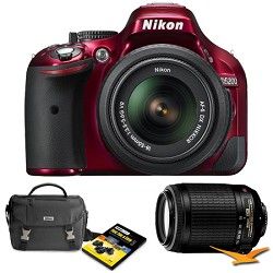 Nikon D5200 24.1 MP DSLR Camera Red 18 55mm VR & 55 250 VR Lens Fathers Day Bun