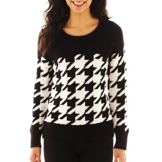 LIZ CLAIBORNE Long Sleeve Houndstooth Sweater, Black, Womens