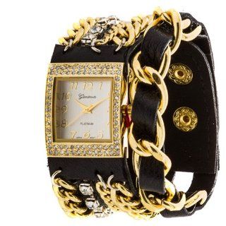 Geneva Platinum 12956612 Women's Rhinestone Studded and Chain Simulated Leather Watch  BLACK/GOLD Watches