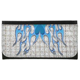 Blue Flames on Diamond Bling Design Leather Wallet