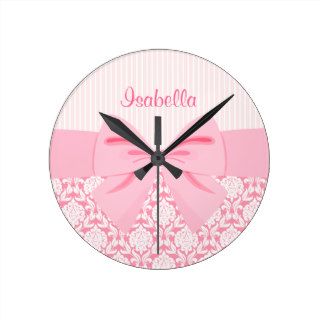 Girly Elegant Pink Damask Wrap Bow Personalized Round Wall Clocks
