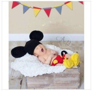 Handmade Baby Photography Prop Cotton Cute Animal Mickey Crochet Hats Beanie Diaper Cover   Ropes  