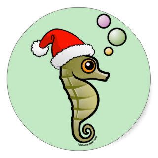 Cartoon Seahorse Santa Round Sticker