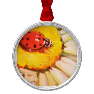 Red Ladybug sitting on White and Yellow  Daisy Christmas Tree Ornaments