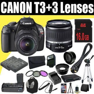 Canon EOS Rebel T3 12.2 MP CMOS Digital SLR Camera + EF S 18 55mm f/3.5 5.6 IS Lens + Two LP E10 Battery + External Rapid Charger + 16GB SDHC Memory Card + Wide Angle Lens + Telephoto Lens + 3 Piece Filter Kit + Mini HDMI Cable + Backpack + Full Size Tripo