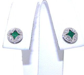 14K White Gold Diamond and Emerald Stud Earrings Dangle Earrings Jewelry
