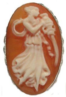 Cameo Ring Master Carved, Carnelian Conch Shell Goddess Size 7.25 Sterling Silver, Italian Jewelry