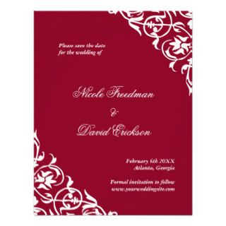 Red flourish classy scroll wedding save the date custom invites