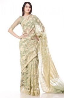 Chhabra 555 Womens Forest Green Net Saree One Size Clothing