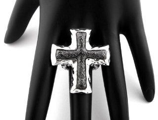 Ladies Black and Silver Old Fashioned Style Cross Stretch Finger Ring with Beads Jewelry