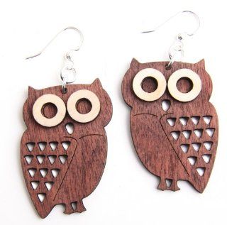 Lasercut Wood Owl Earrings   Made in America with Renewable and Recycled Materials Dangle Earrings Jewelry