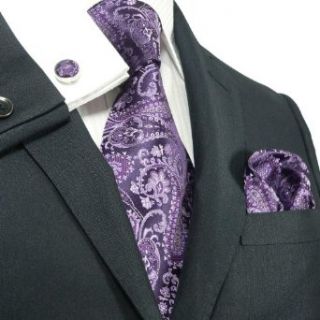 Landisun 543 Dark Purple Paisleys Mens Silk Tie Set Tie+Hanky+Cufflinks at  Mens Clothing store