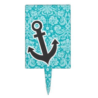 Cute Anchor on Blue Green Damask Pattern Cake Topper